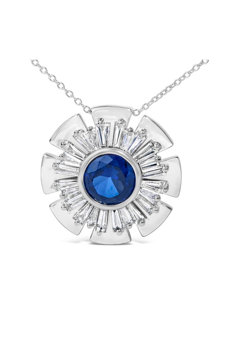 Sterling Silver Lab Grown Blue Sapphire and 1 1/5 Cttw Diamond Sunburst Pendant Necklace, Alternate, color, Silver