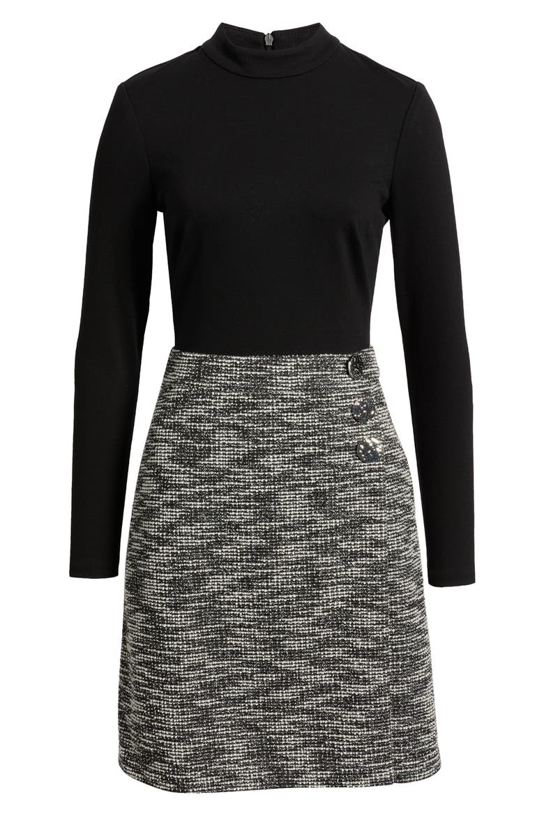 Twofer Mock Neck Long Sleeve A-Line Dress, Alternate, color, BLACK IVORY