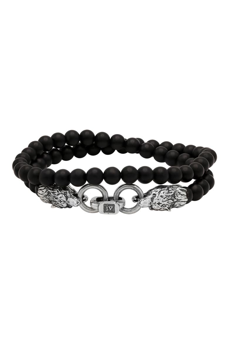 Men's Wolf Beaded Onyx Wrap Bracelet, Main, color, SILVER
