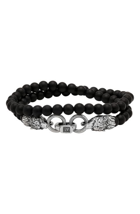 Men's Wolf Beaded Onyx Wrap Bracelet