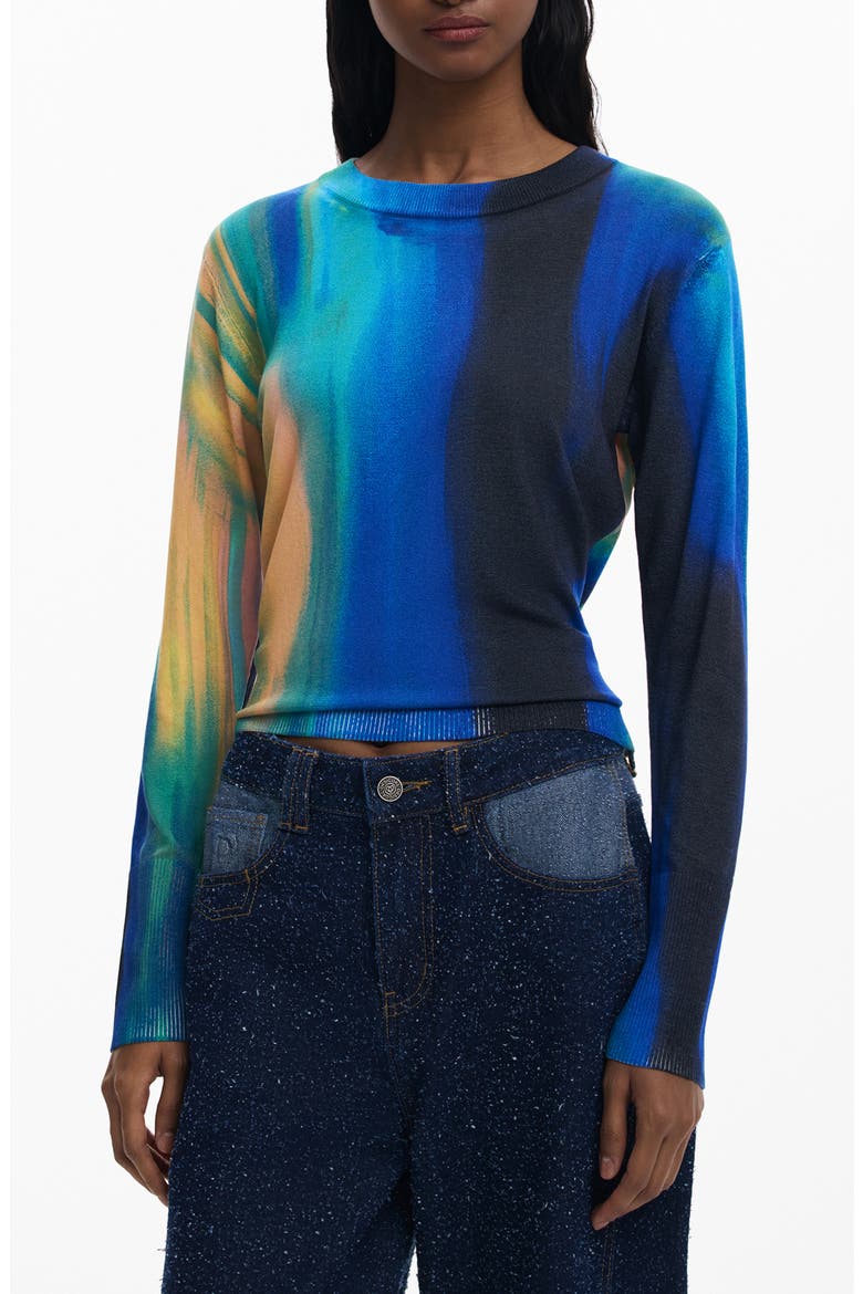Abstract Print Fine Gauge Crewneck Sweater, Main, color, BLUE