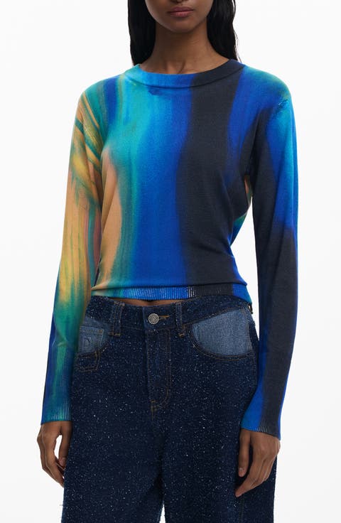 Abstract Print Fine Gauge Crewneck Sweater