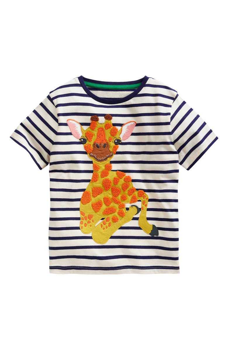 Mini Boden Kids' Stripe Giraffe Appliqué Cotton T-Shirt, Main, color, 