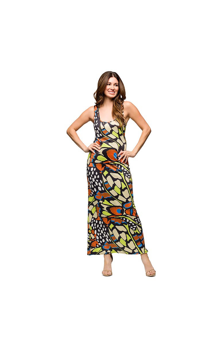 24seven Comfort Apparel Maternity Bright Butterfly Print Razorback Tank Casual Maxi Dress, Main, color, Orange Multi