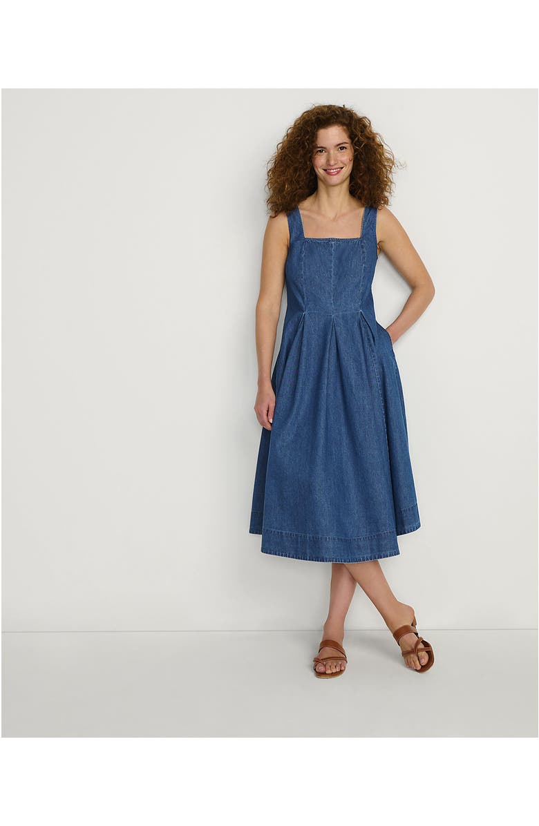 Lands' End Pleated Square Neck Cotton Poplin Midi Dress, Alternate, color, Lima Blue