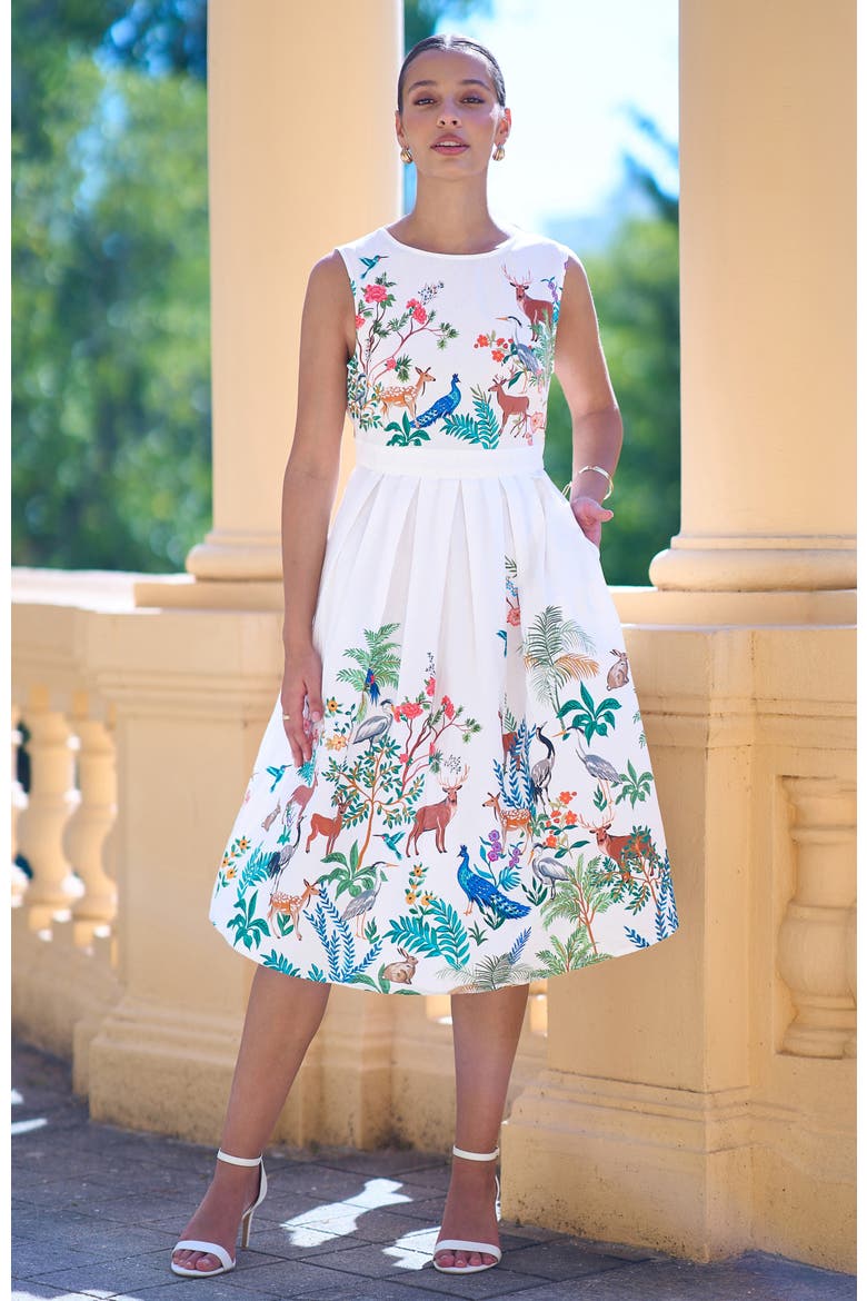 Animal Print Cotton Midi Skater Dress, Alternate, color, White