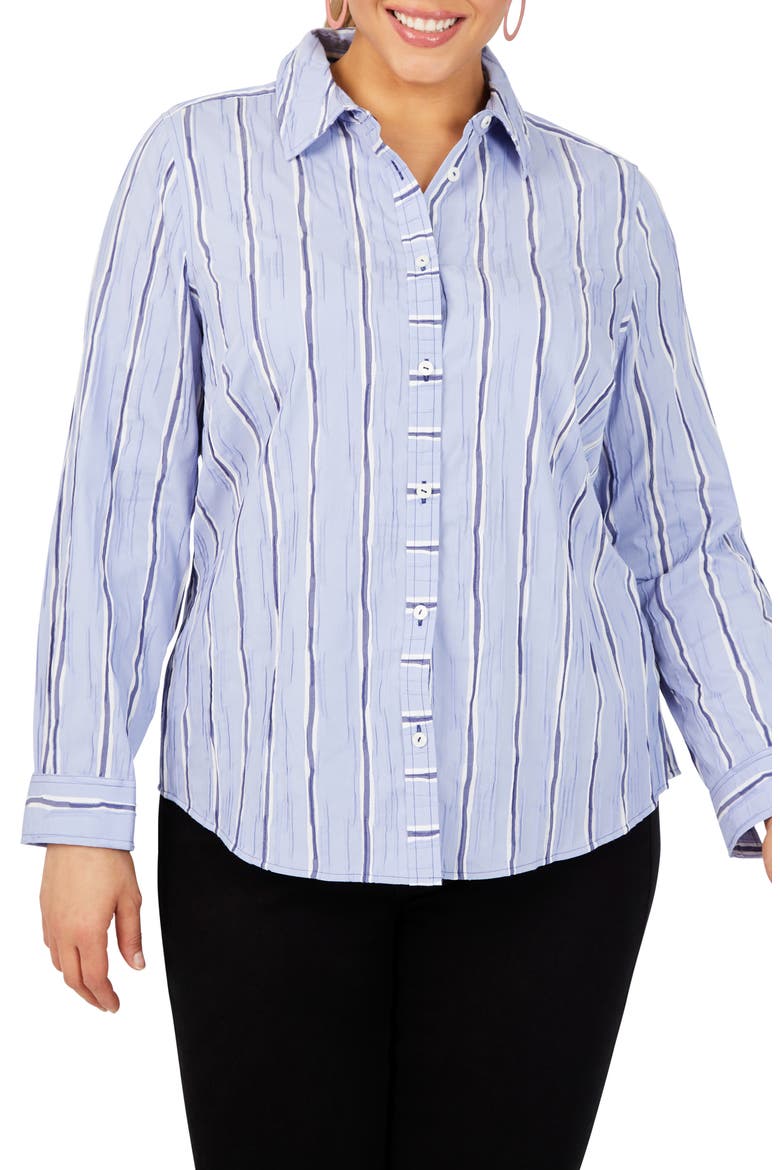 Hampton Stripe Non-Iron Button-Up Shirt, Main, color, BLUE DENIM
