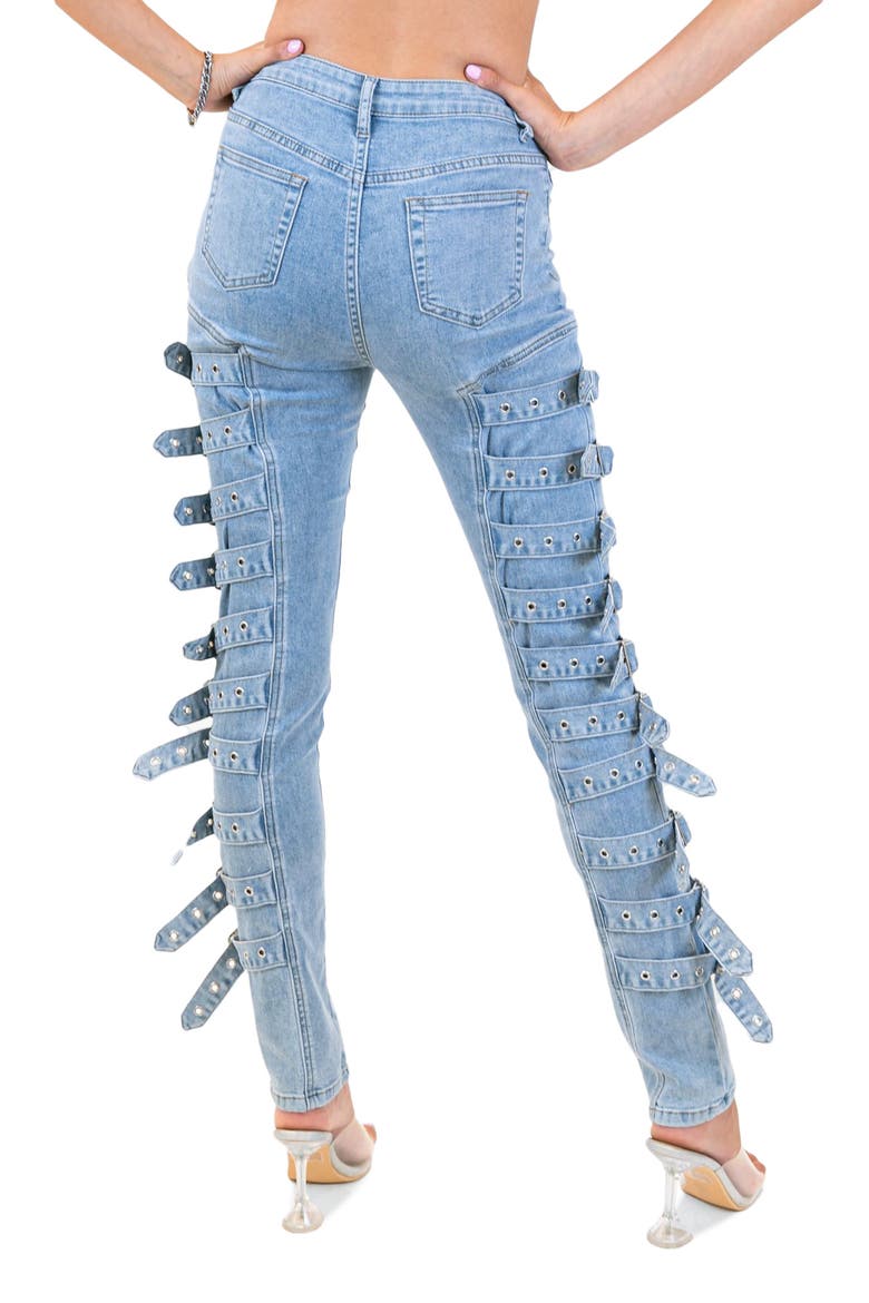 Buckle Up Stretch Skinny Jeans, Alternate, color, BLUE