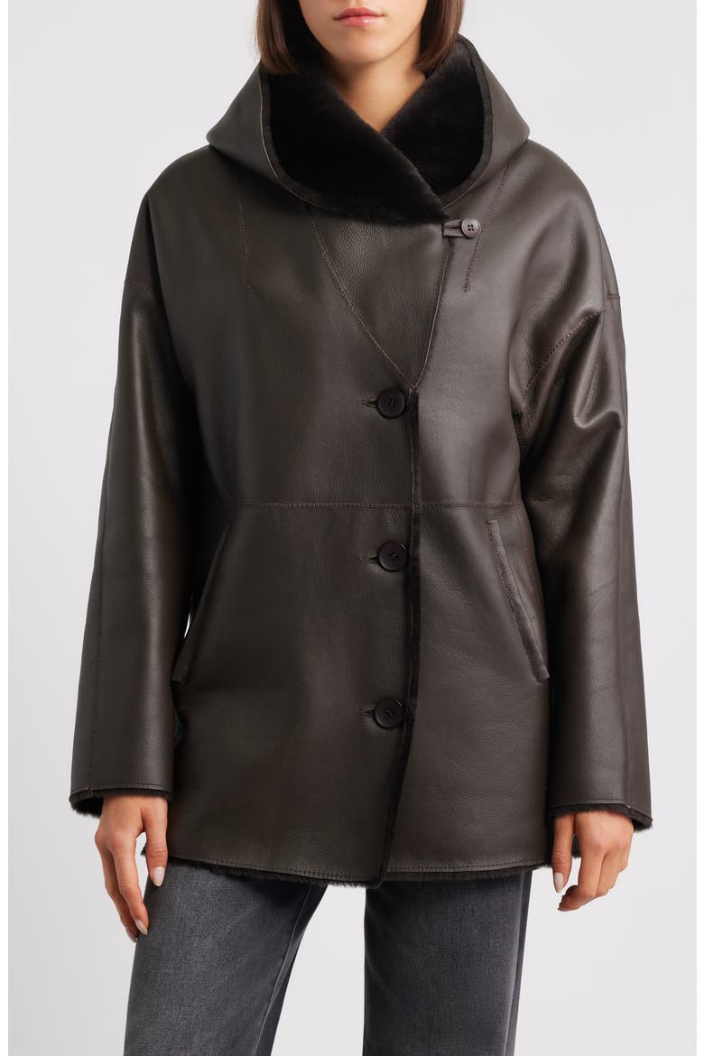 Cherez Reversible Hooded Genuine Shearling Coat, Main, color, CHOCOLATE