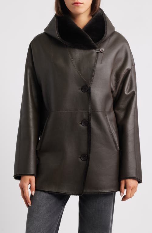 Hiso Cherez Reversible Hooded Genuine Shearling Coat In Brown