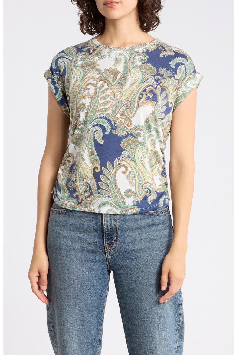 Cuffed Short Sleeve Ruched T-Shirt, Main, color, BLUE PAISLEY