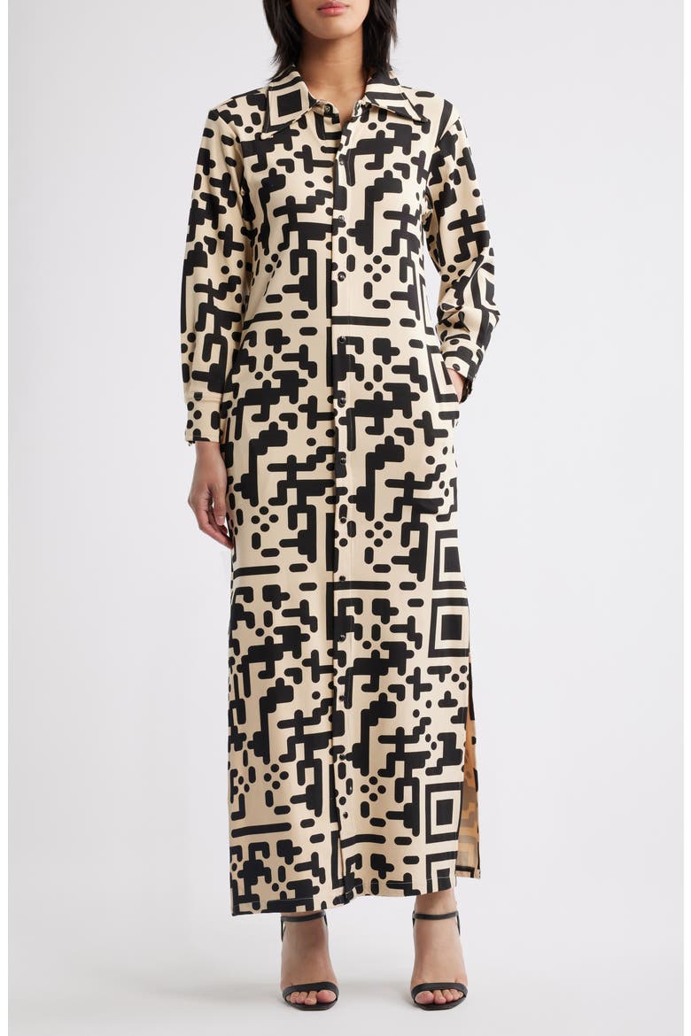 QR Print Front Snap Midi Dress, Main, color, BEIGE
