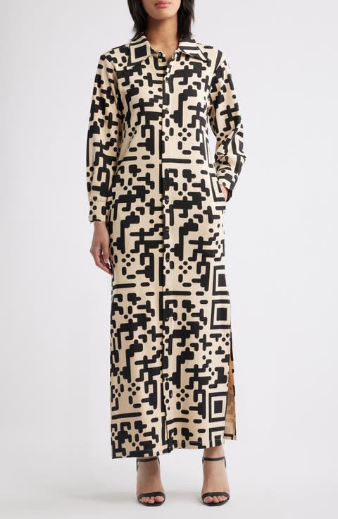 QR Print Front Snap Midi Dress