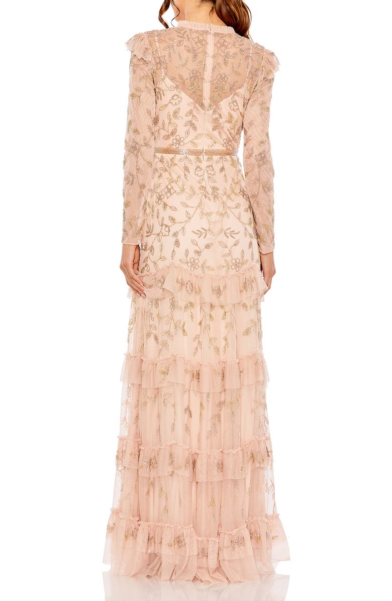 Mac Duggal High Neck Flutter Cap Long Sleeve Tiered Embellish, Alternate, color, Blush