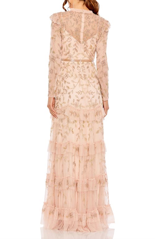 Mac Duggal High Neck Flutter Cap Long Sleeve Tiered Embellish In Blush