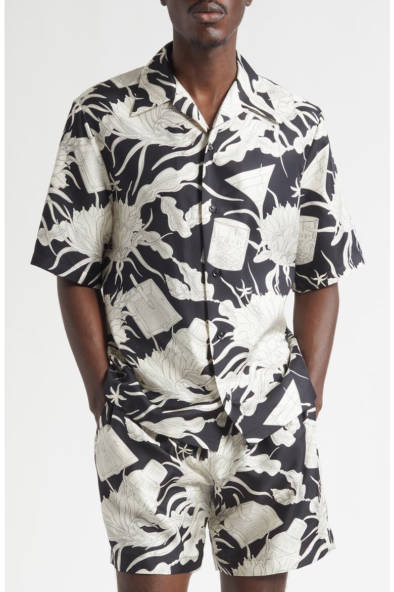 Floral Silk Bowling Shirt, Main, color, BLACK