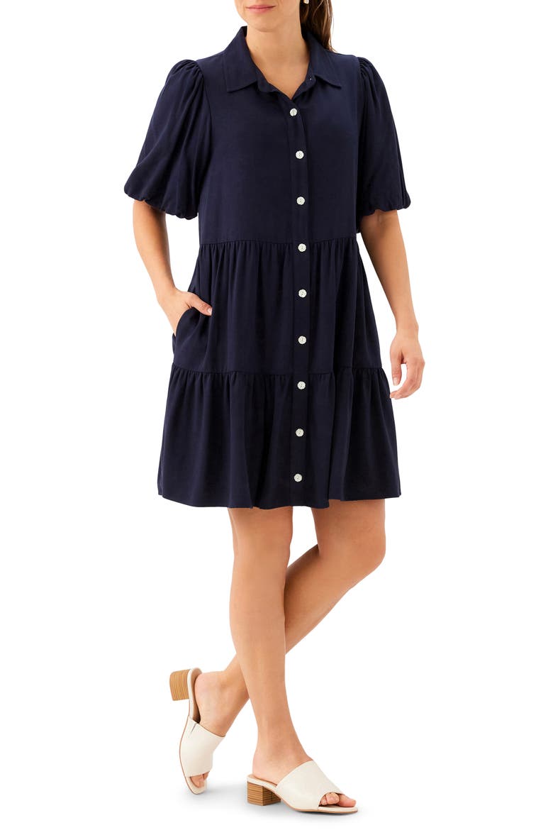 Tiered Puff Sleeve Shirtdress, Alternate, color, NAVY