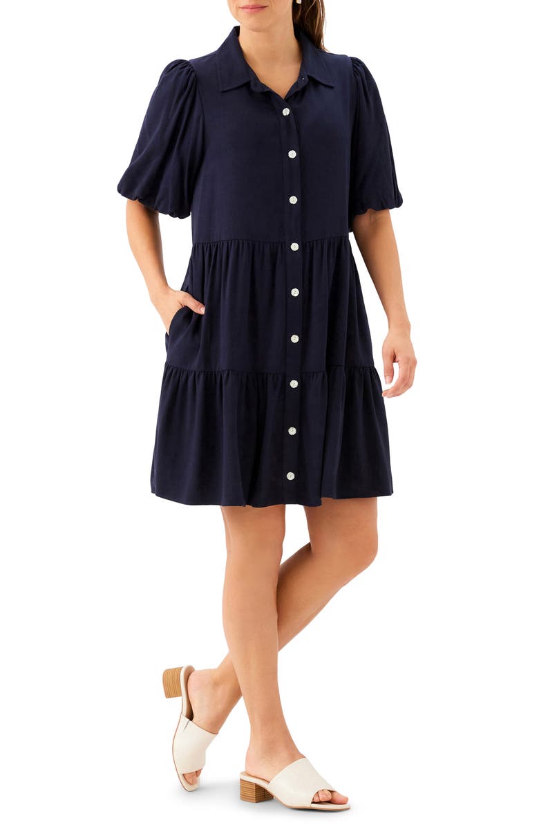 Karen Kane Tiered Puff Sleeve Shirtdress, Alternate, color, Navy