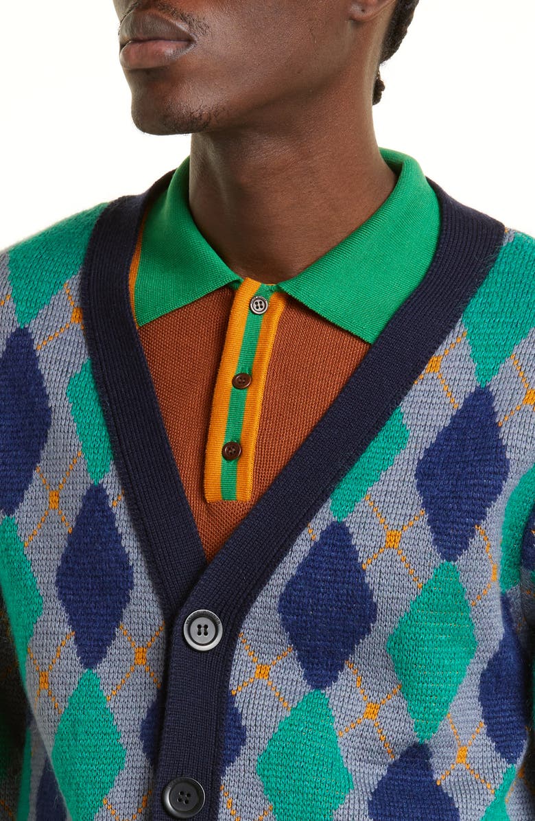 Wales Bonner Dub Argyle V-Neck Wool Cardigan, Alternate, color, 
