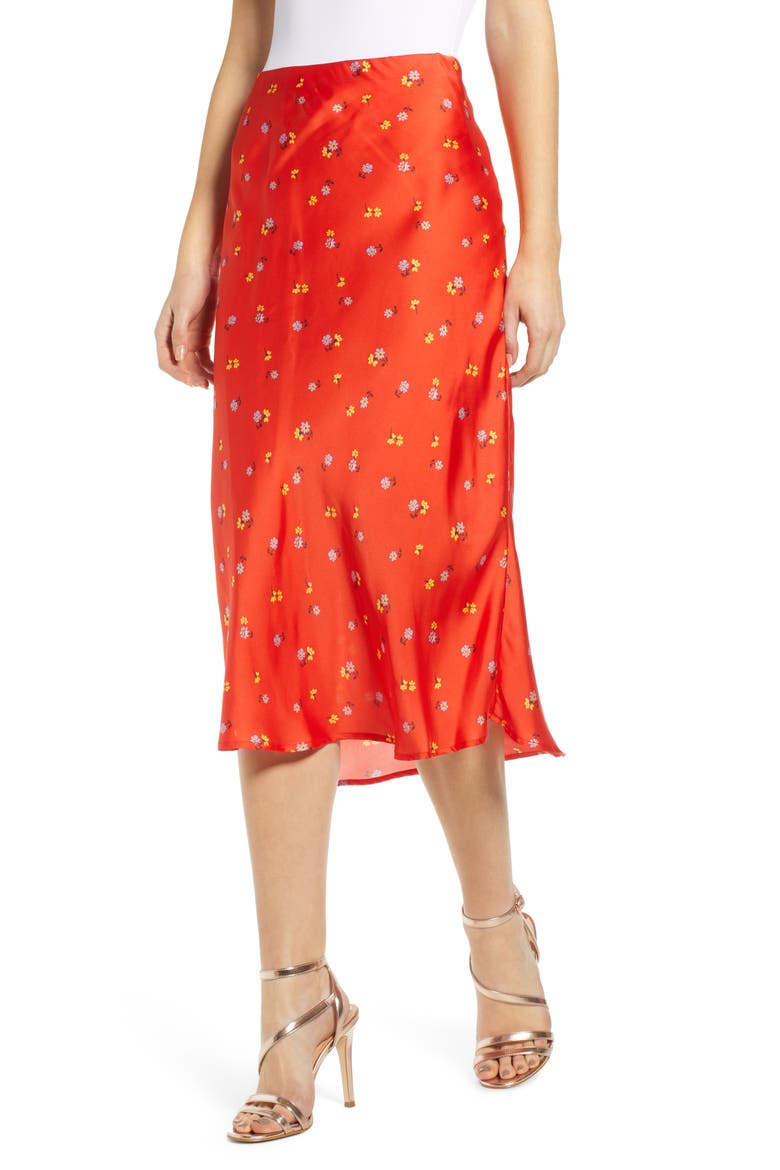 Satin Midi Skirt, Main, color, RED DITSY PRINT