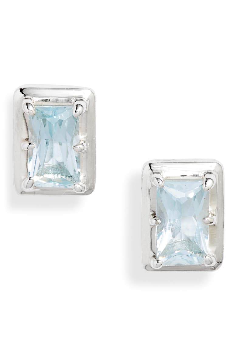 Dew Drop Baguette Topaz Stud Earrings, Main, color, SILVER / BLUE