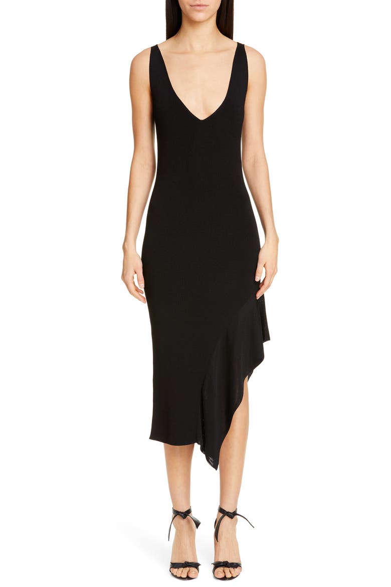 Asymmetrical Ruffle Hem Midi Dress, Main, color, BLACK