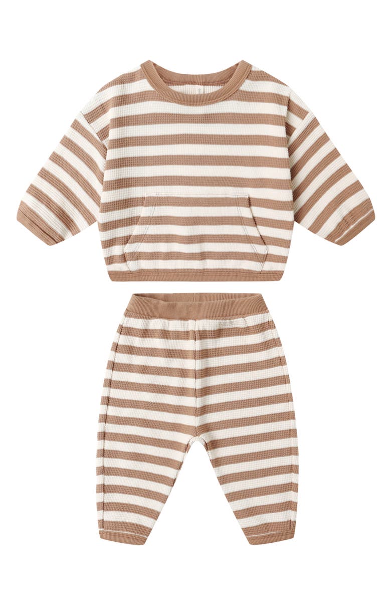 QUINCY MAE Stripe Waffle Knit Organic Cotton Sweatshirt & Joggers Set, Main, color, Spice