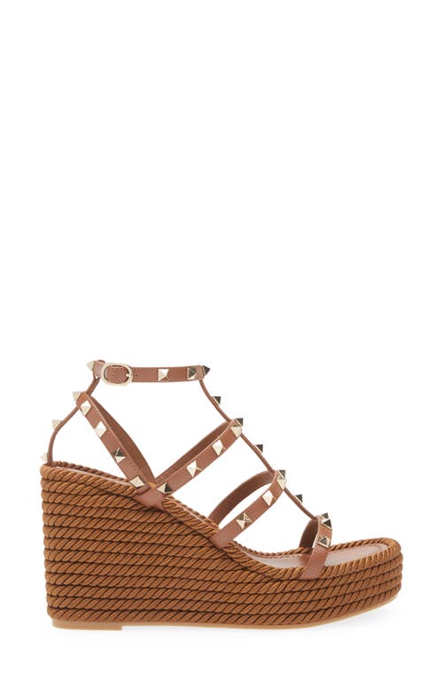 Valentino Rockstud Torchon 105 Leather Espadrille Wedge Sandals In Tobacco