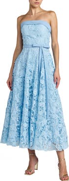 Mac Duggal Embroidered Lace Strapless Midi Dress With Bow Detail