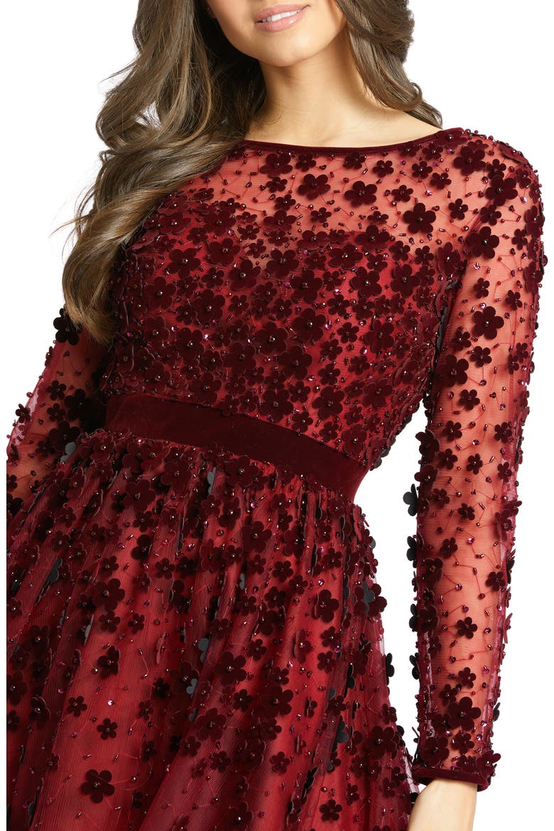 Long Sleeve Fit & Flare Velvet Embellished Cocktail Dress, Alternate, color, BURGUNDY