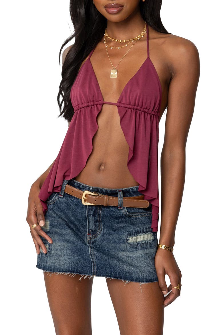 Calla Split Front Open Back Halter Top, Main, color, BURGUNDY