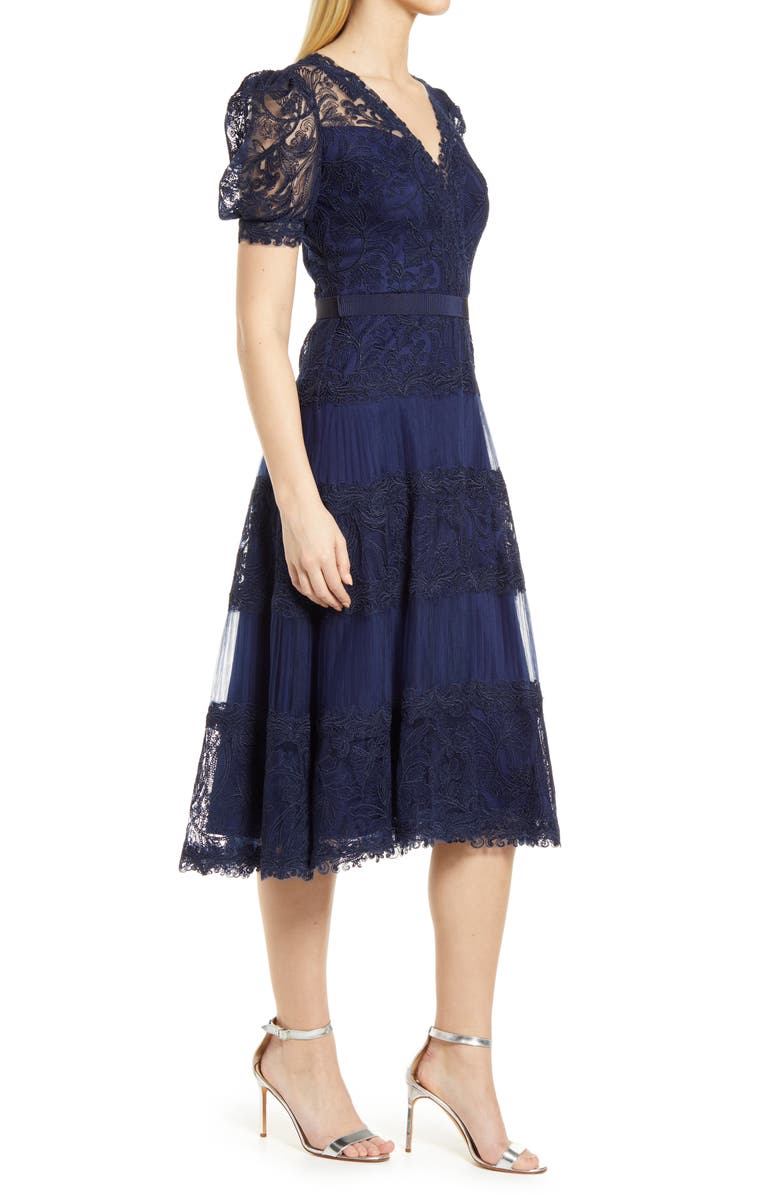 Tadashi Shoji Embroidered Lace Tiered Midi Dress, Alternate, color, Royal Navy