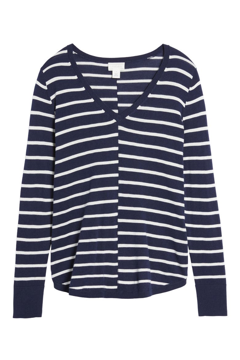 High-Low V-Neck Sweater, Alternate, color, NAVY- IVORY STRIPE