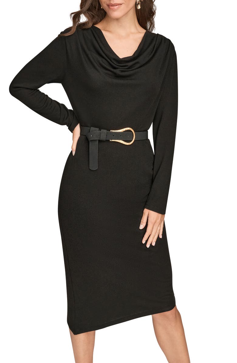 Donna Karan New York Long Sleeve Cowl Neck Sheath Dress, Alternate, color, Black