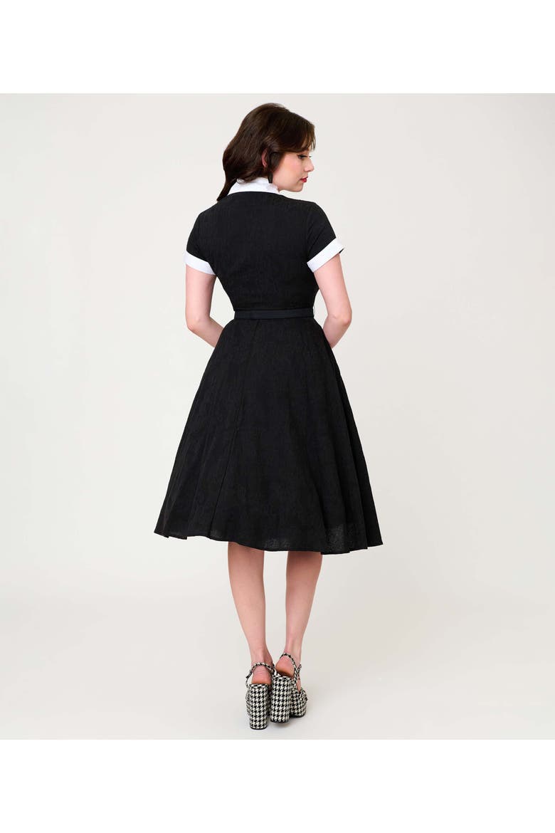 Collared Short Sleeved Belted Alexis Swing Dress, Alternate, color, Black w/ Cat Embroidered