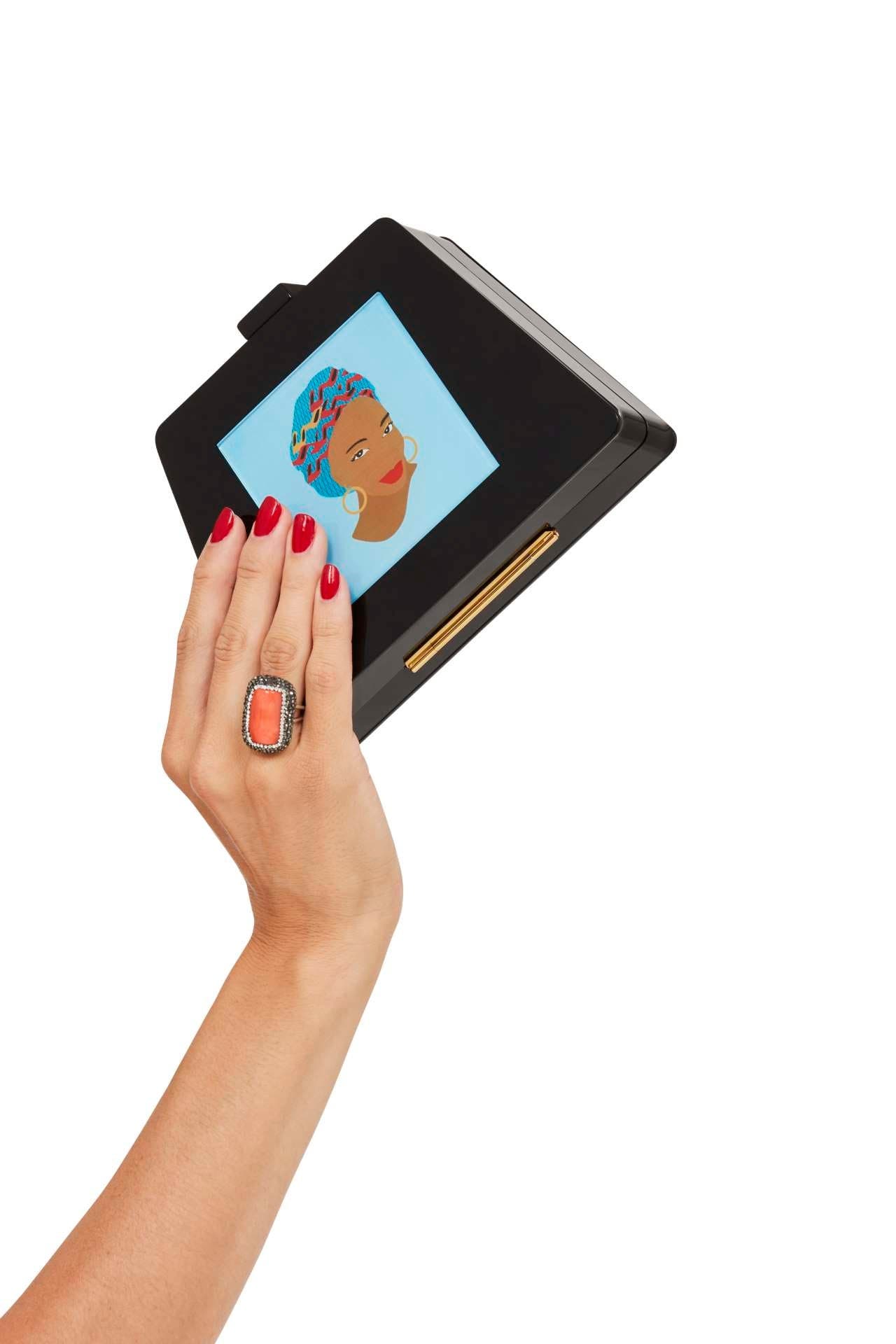 LarAllan Molly Acrylic Triangular Box Cocktail Clutch w/strap, Alternate, color, Black