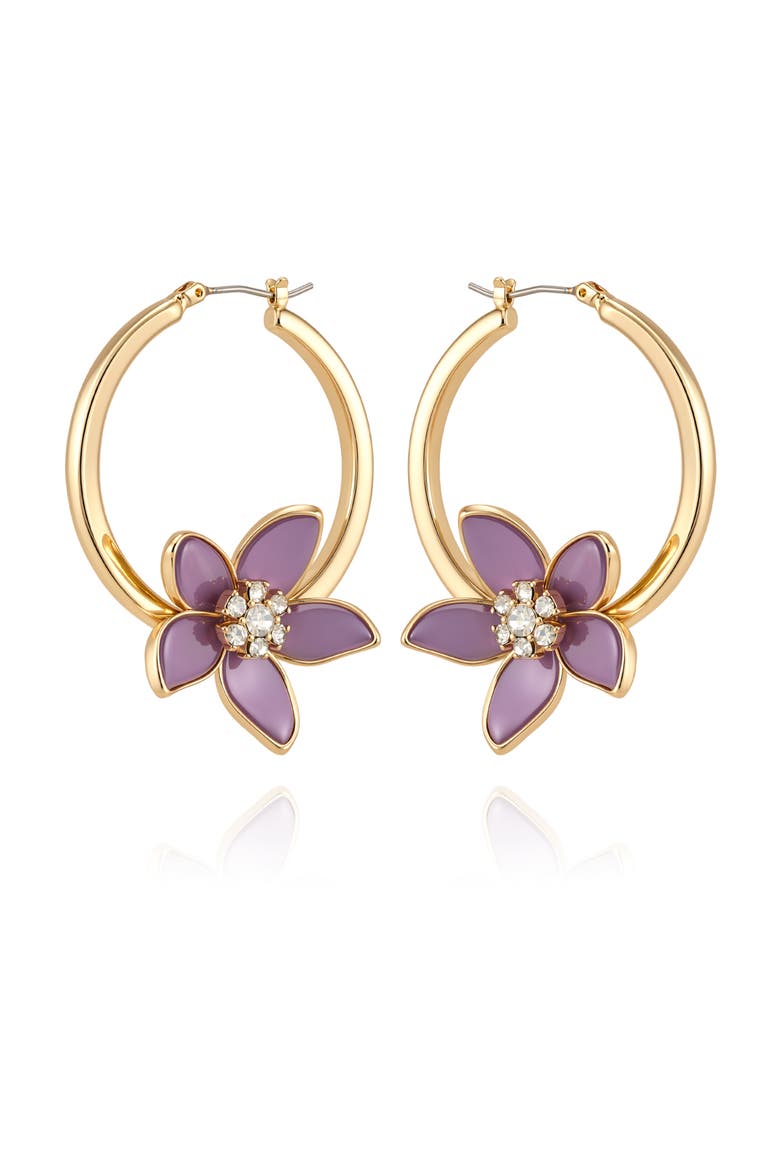 Gold-Tone Crystal Hoop Earrings with Pink Charms, Alternate, color, Gold