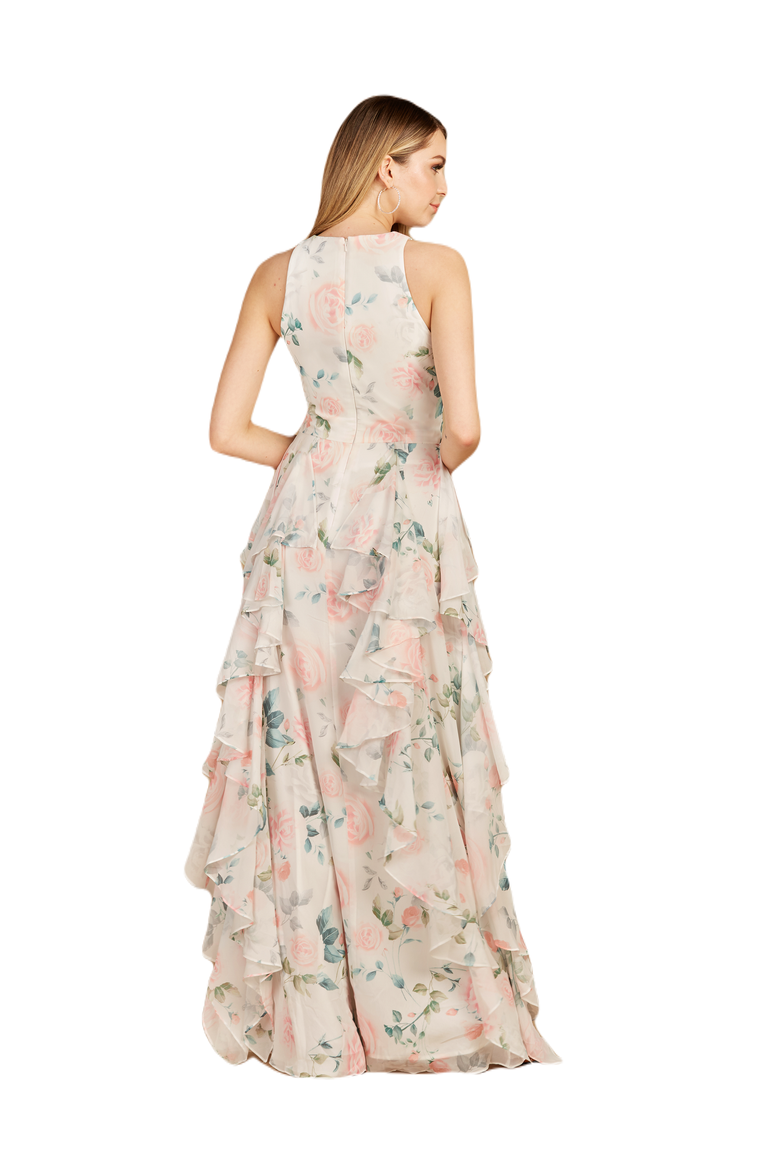 High Neck, Ruffled Skirt Printed Dress, Alternate, color, WhiteRose