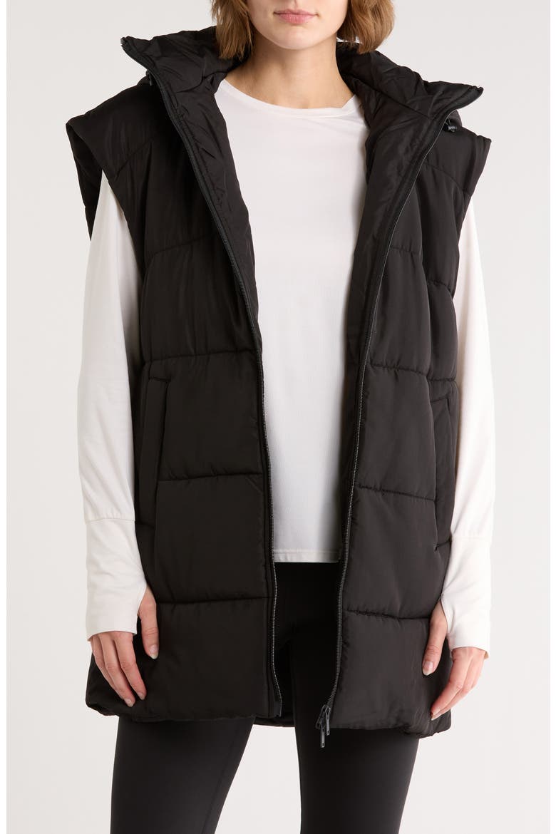 Hooded Long Quilted Vest, Alternate, color, BLACK