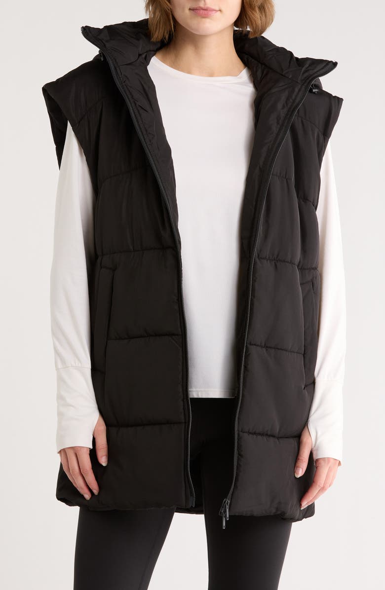 Z by Zella Hooded Long Quilted Vest, Alternate, color, Black