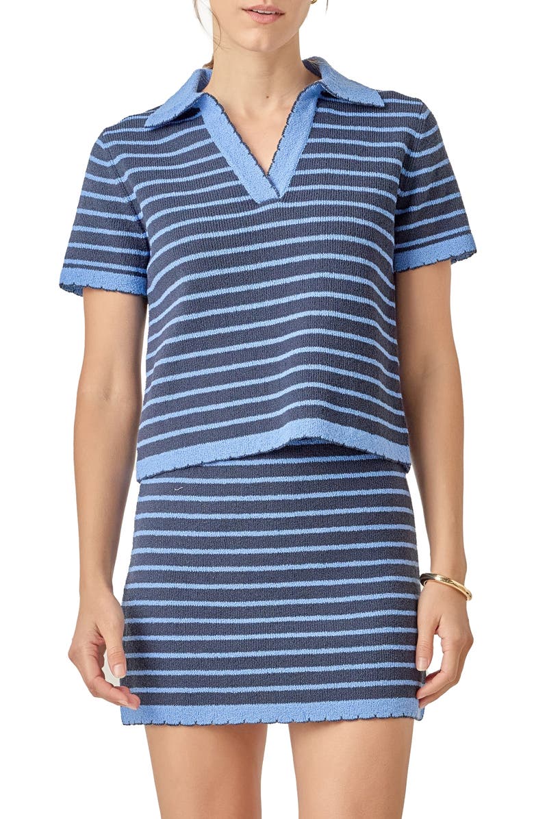 English Factory Stripe Polo Scallop Hem Sweater, Main, color, Powder Blue/ Navy