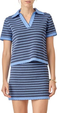 English Factory Stripe Polo Scallop Hem Sweater