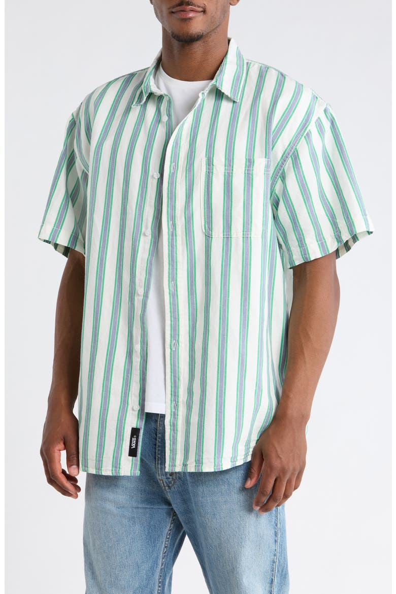 Lawson Stripe Short Sleeve Cotton & Linen Button-Up Shirt, Main, color, WHITE-VIVID VERDANT