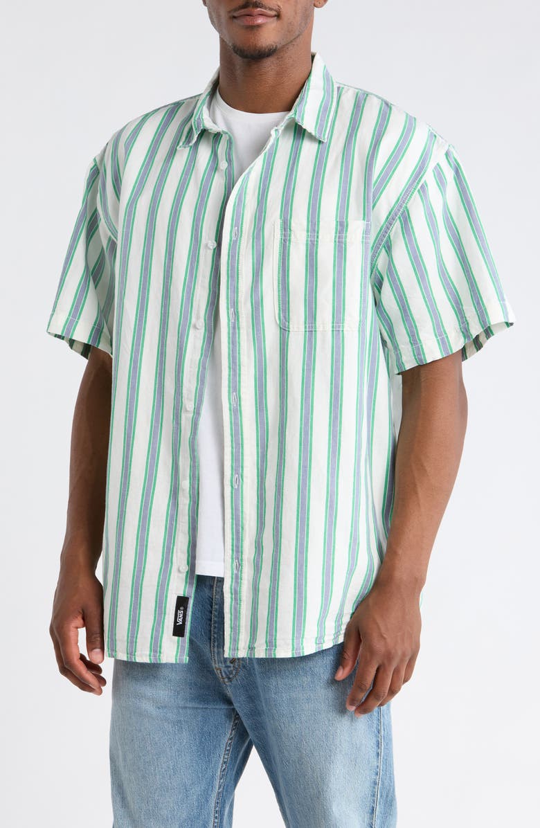 Vans Lawson Stripe Short Sleeve Cotton & Linen Button-Up Shirt, Main, color, White-Vivid Verdant