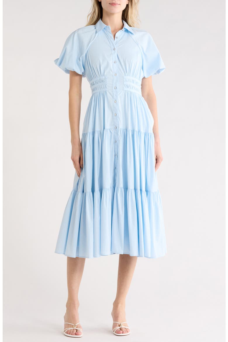 Maggio Puff Sleeve Stretch Poplin Midi Dress, Main, color, WHISPERING SKY
