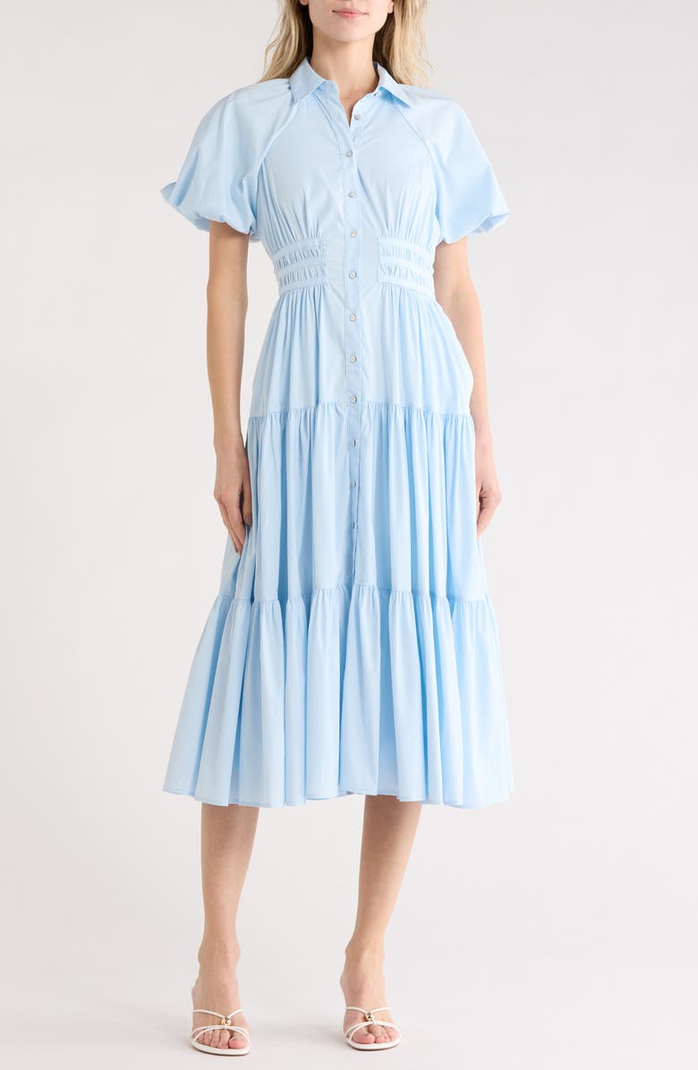 Cinq à Sept Maggio Puff Sleeve Stretch Poplin Midi Dress, Main, color, Whispering Sky
