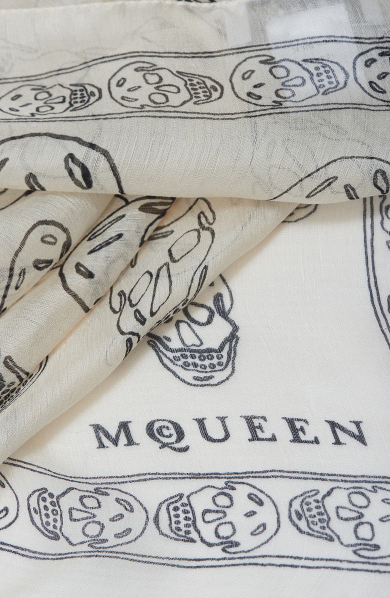 McQueen Hand Painted Skull Silk Chiffon Square Scarf, Alternate, color, Ivory/ Black