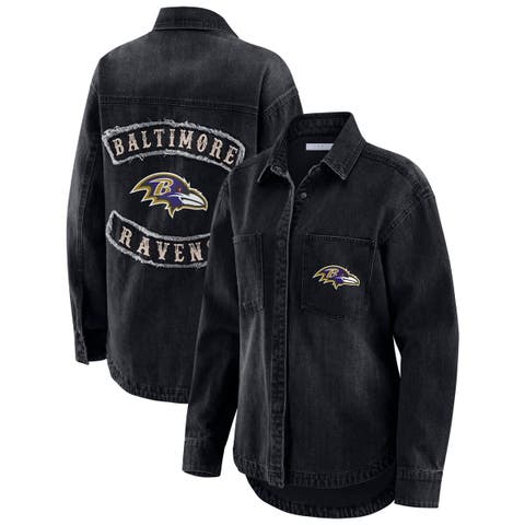 Women
s WEAR by Erin Andrews Black Baltimore Ravens Washed Oversized Denim Full-Snap Shacket