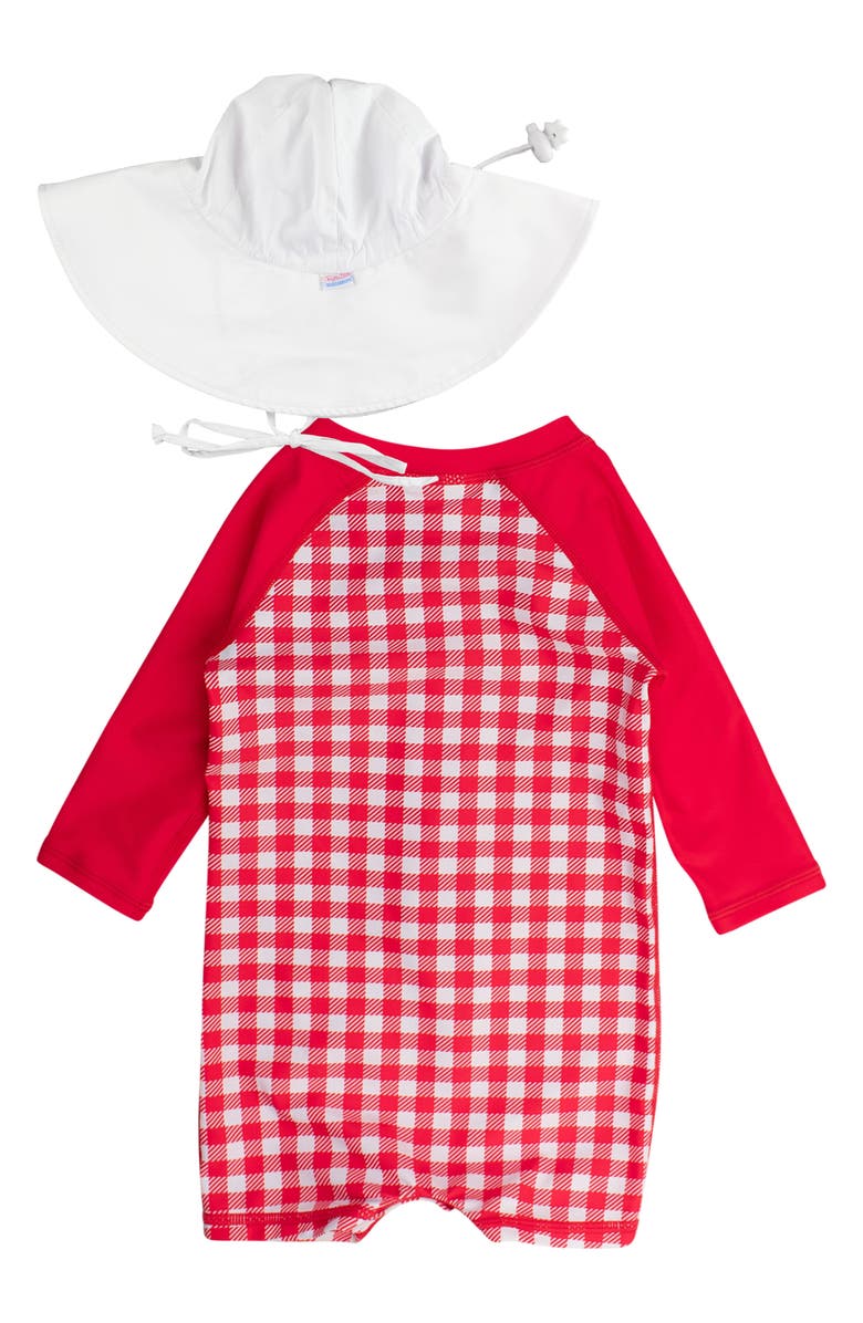 RuggedButts Red Gingham One-Piece Rashguard Swimsuit & Hat Set, Alternate, color, 