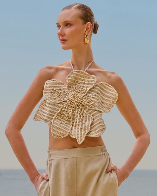 Patbo Candy Linen Hand-beaded Flower Top In Natural